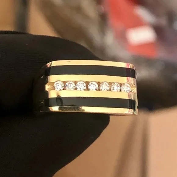Men's Black Onyx Ring Round Real Solid 14K Yellow Gold Wedding Band